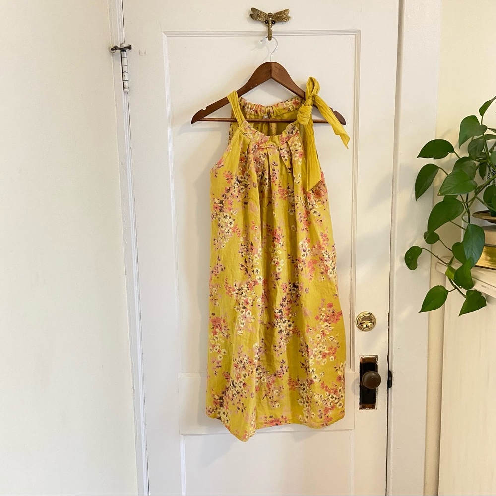 Bellambia Italian‎ Linen Yellow Floral Halter Dress Medium